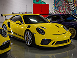 Yellow Porsche 911 GT3 RS at Alpha Garage