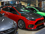 Red Ford Focus ST with CF Hood