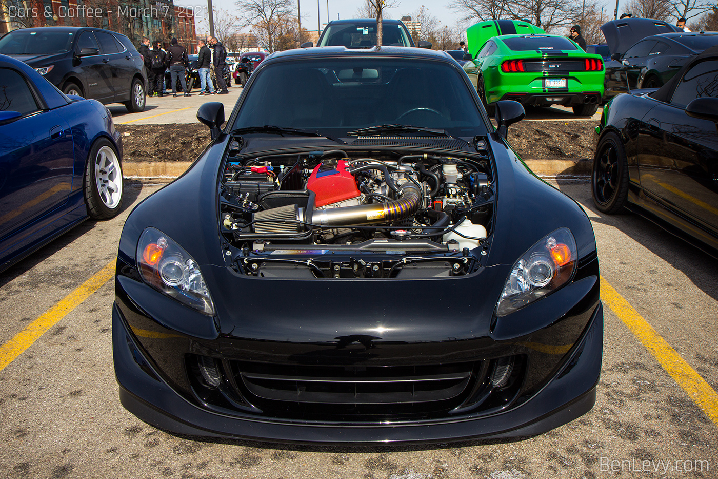 Black Honda S2000 with the hood removed