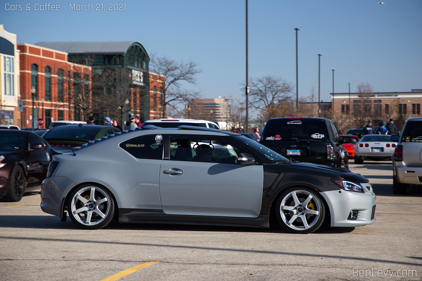 Grey Scion tC at Cars and Coffee