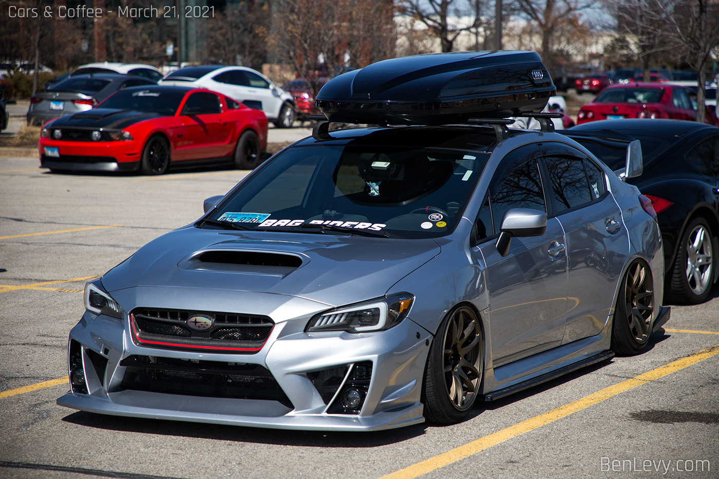 Silver Subaru WRX with Audi Rooftop Cargo Carrier