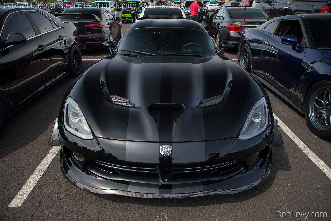 Striped Hood of a Black Dodge Viper