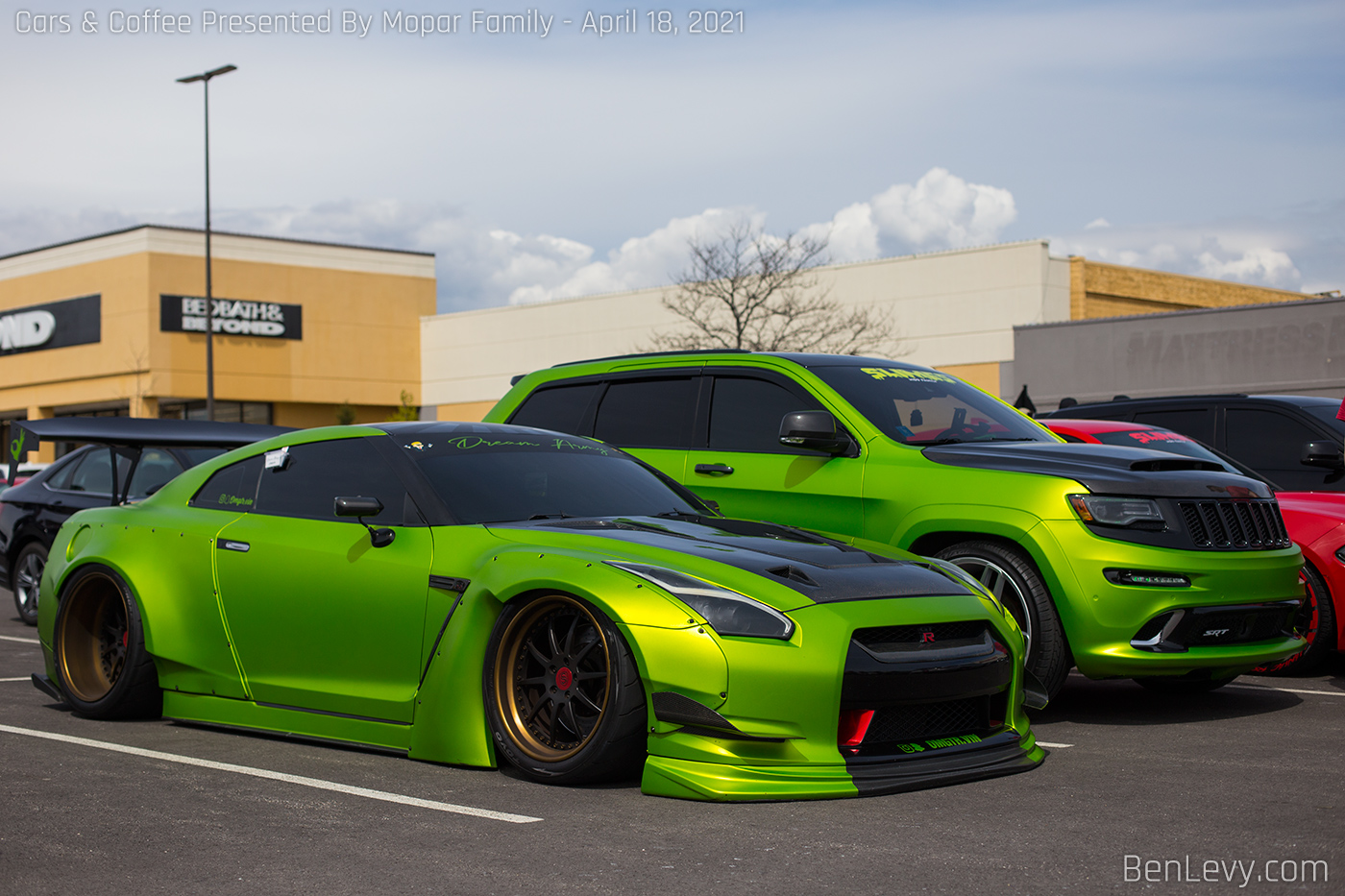 Neon Green Nissan GT-R and Jep Cherokee SRT