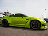 Side of Widebody Nissan GT-R with Lime Green Wrap
