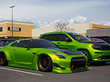 Neon Green Nissan GT-R and Jep Cherokee SRT
