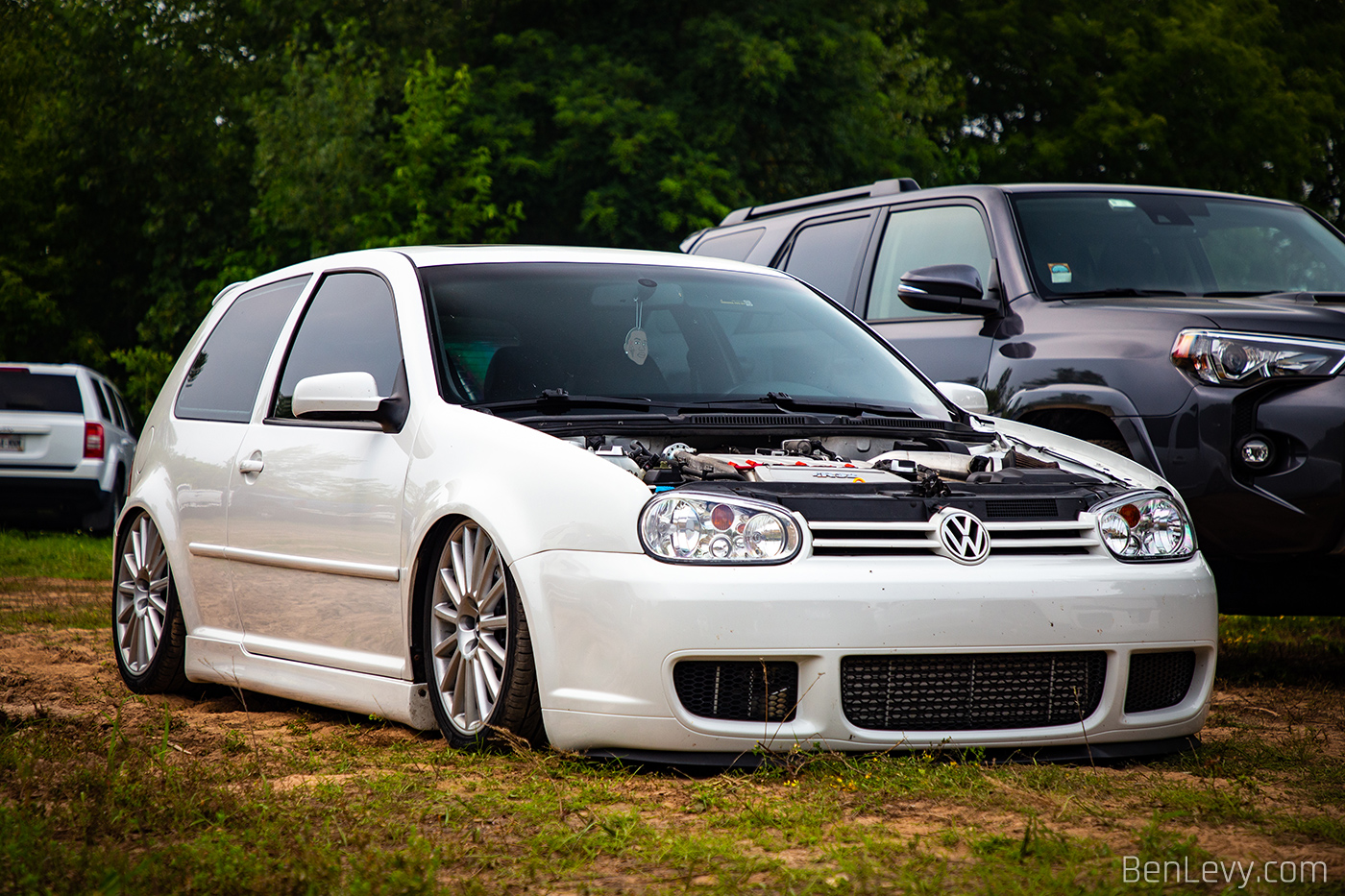 White Volkswagen R32 with the hood off