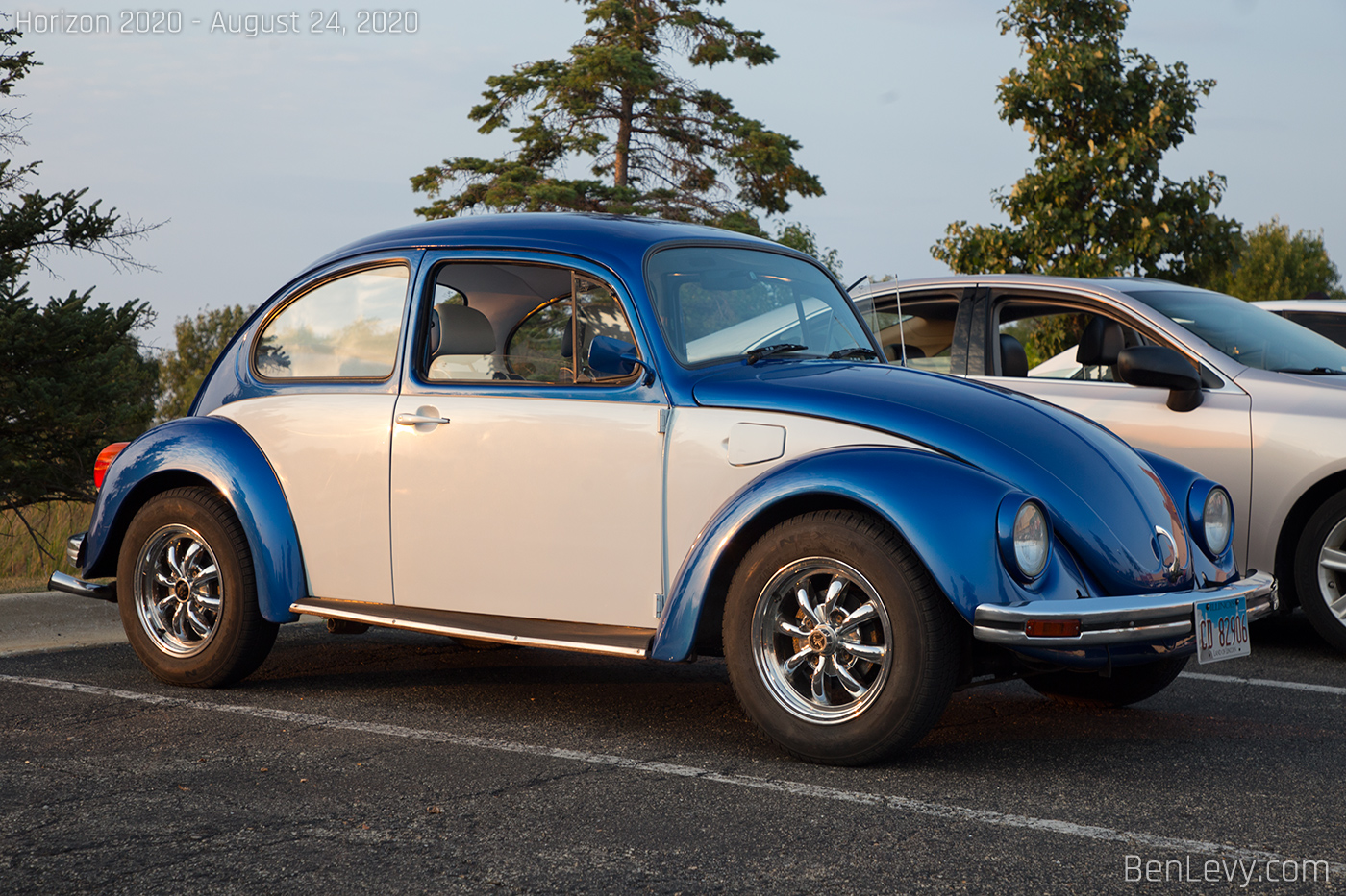 Blue and white Volkswagen Beetle