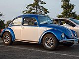 Blue and white Volkswagen Beetle