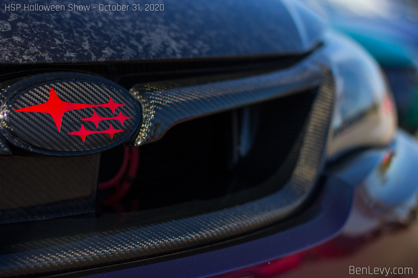 Carbon fiber Subaru badge and grille on WRX