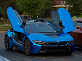 BMW i8 with shiny Blue Wrap