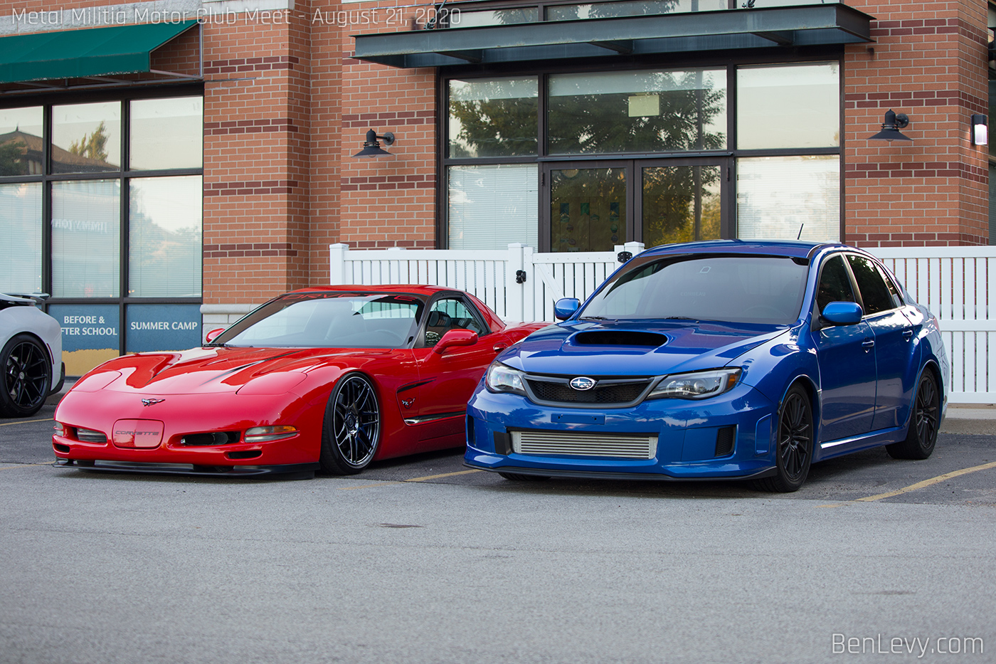 Red Corvette and Blue WRX