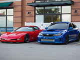Red Corvette and Blue WRX