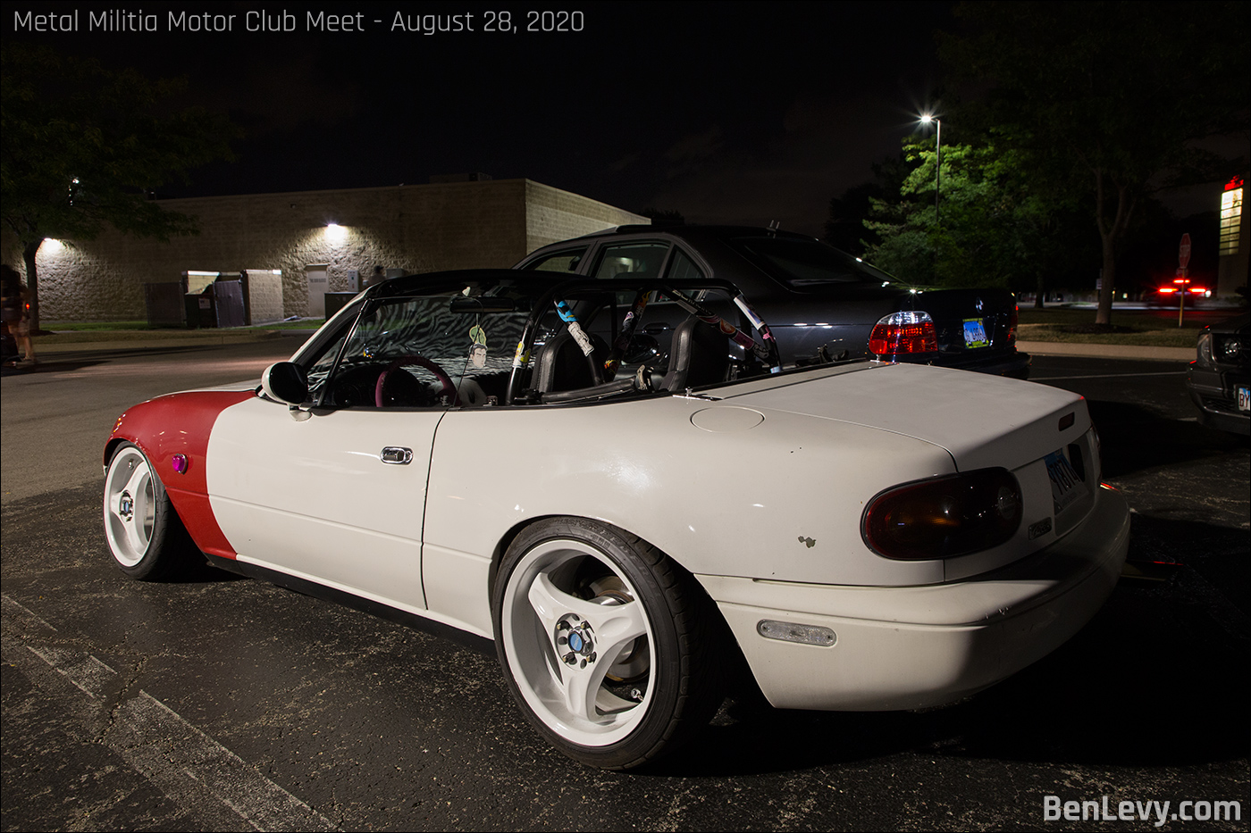 White Mazda Miata at Metal Militia Motor Club Meet in Glendale Heights