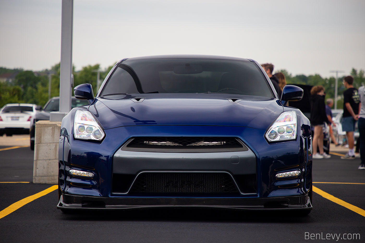 Front of Blue Nissan GT-R