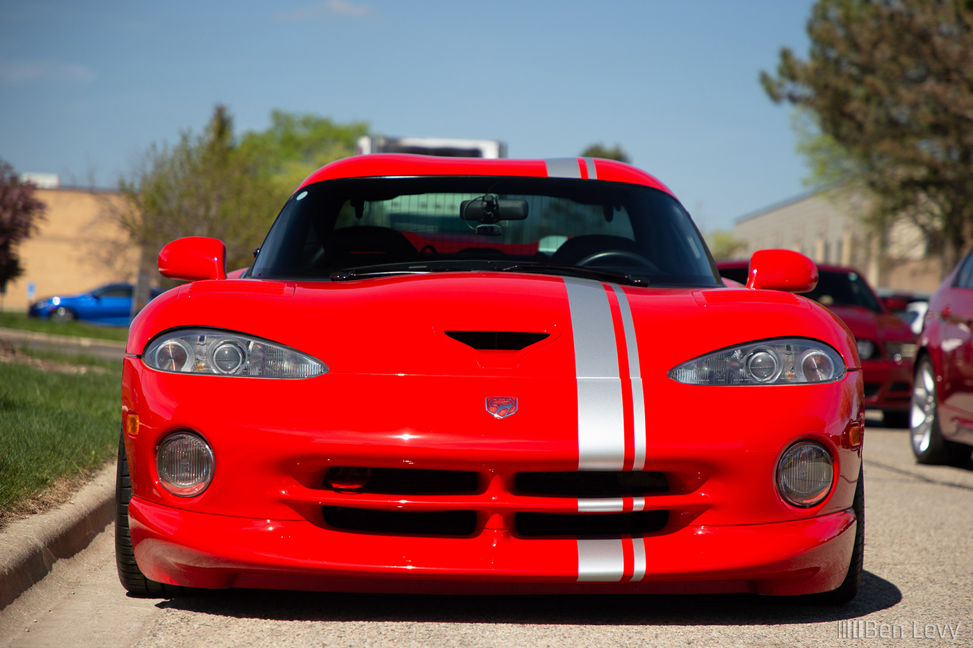 Front of Red Dodge Viper with Silver Stripe