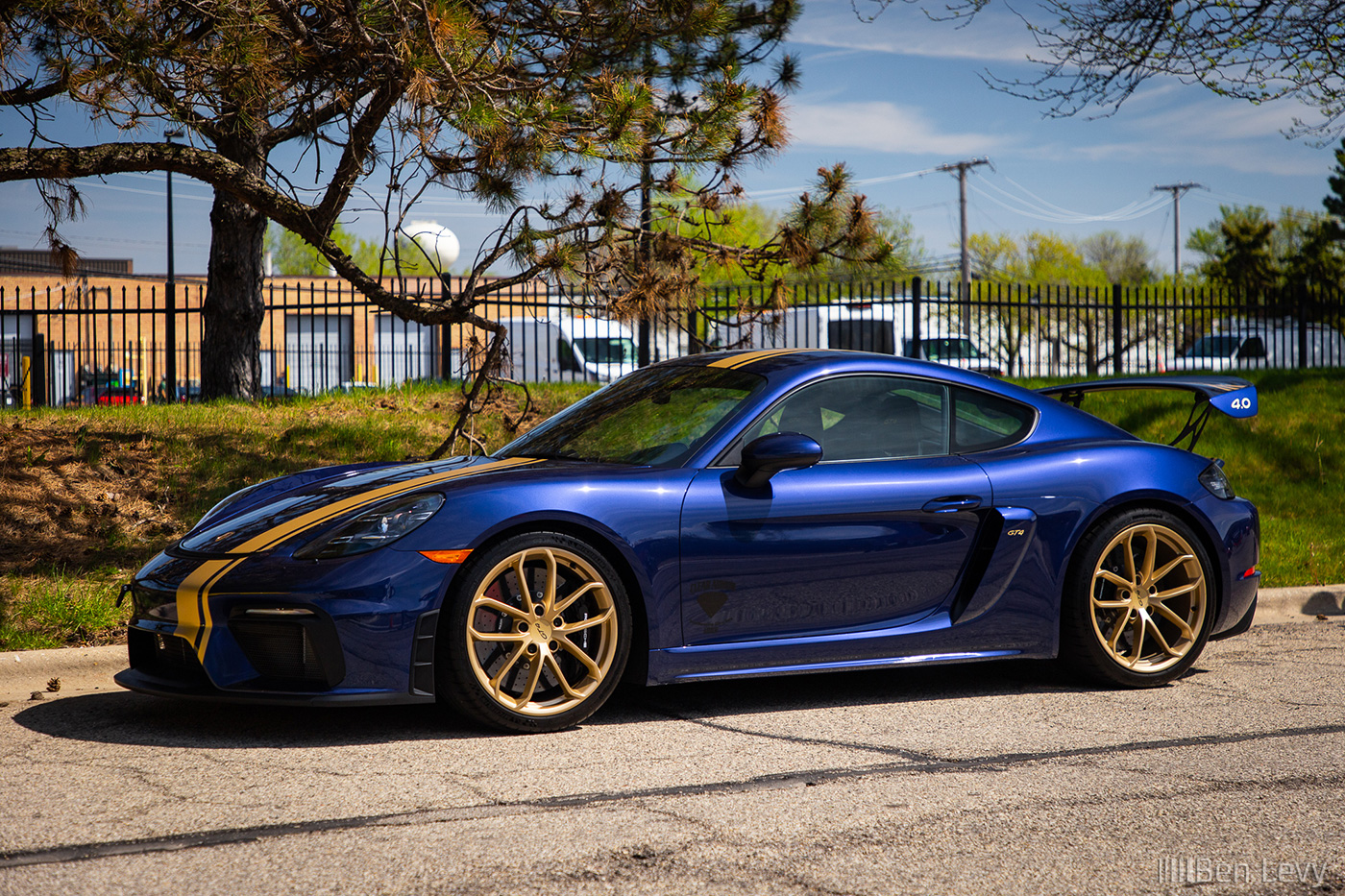 Blue Porsche 718 Cayman GT4 at Big Door Garage Suites