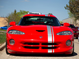 Front of Red Dodge Viper with Silver Stripe