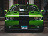 Front of Green Dodge Challenger SRT at Cars & Coffee Oak Park
