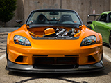 Front of Orange S2000 with hood off