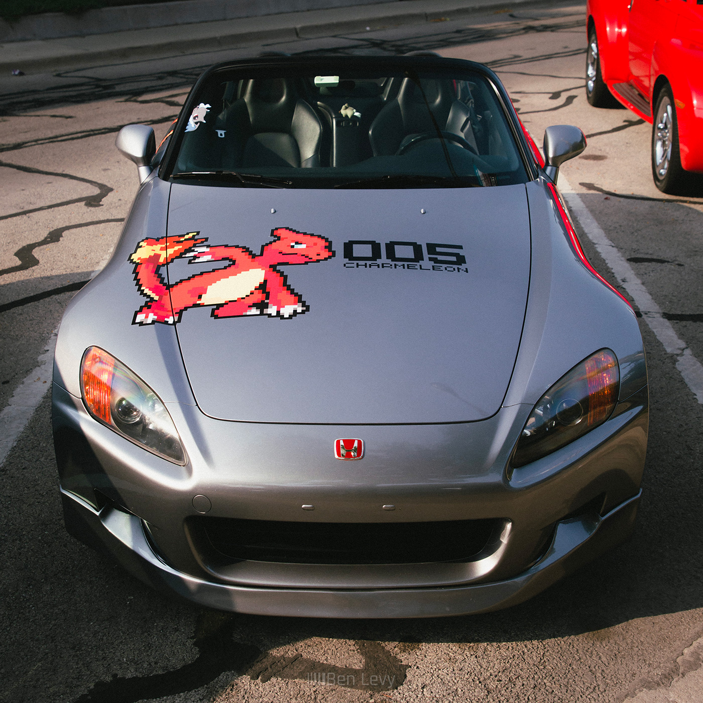 Charmeleon Pixel Art on Hood of Silver Honda S2000