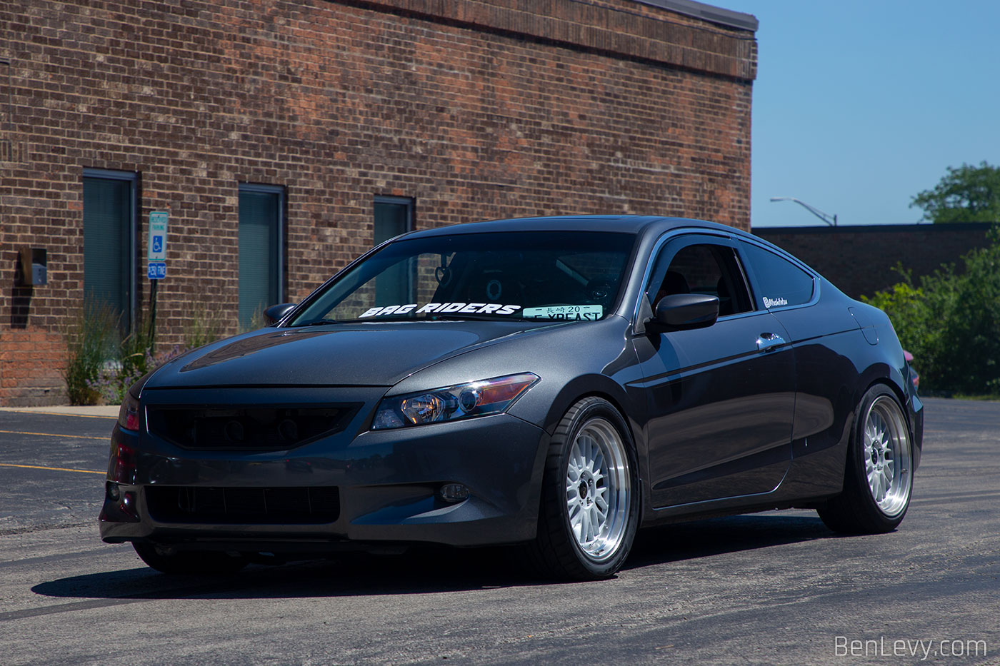 Grey Honda Accord Coupe with Bag Riders Sticker