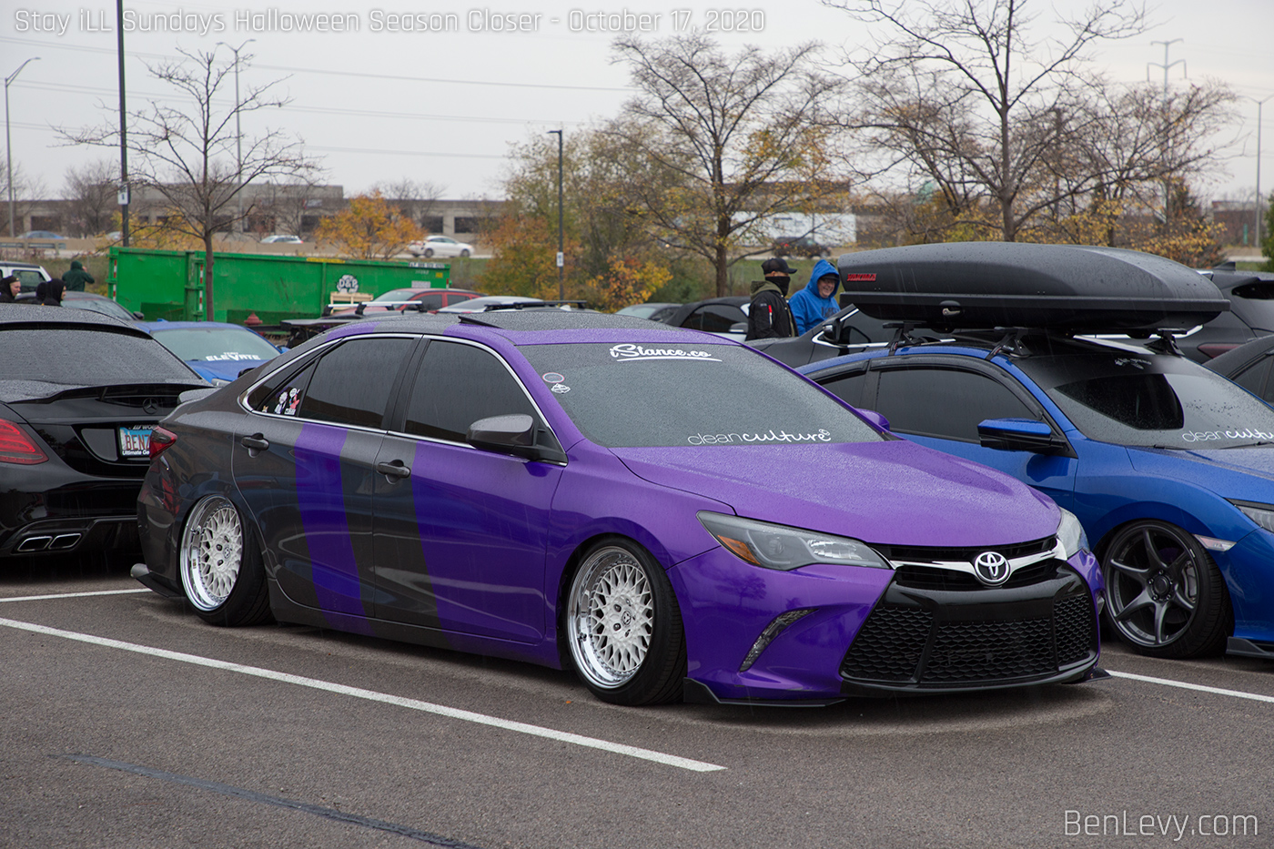 Front of Toyota Camry wrapped in purple