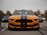 Orange Ford Shelby GT350 with stripes