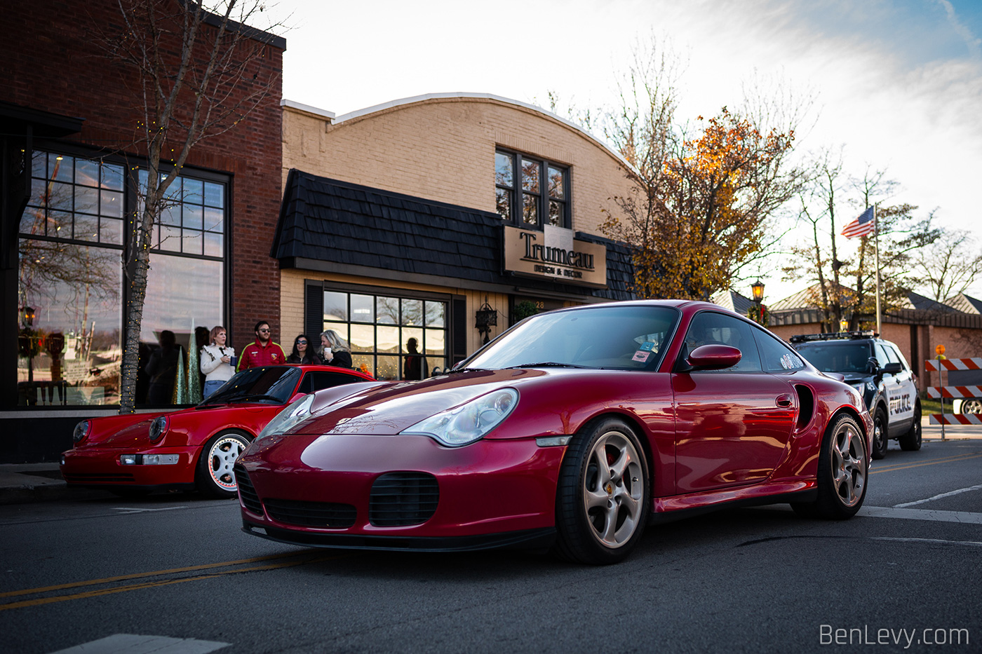 Red Porsche 911 Turbo in front of Burdi Clothing in Hinsdale