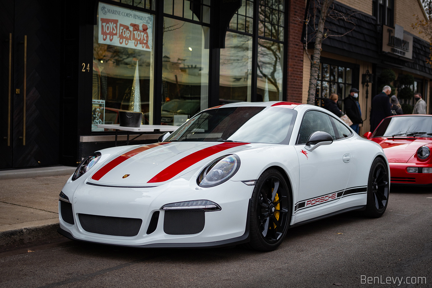 White Porsche 911R with Red Stripes