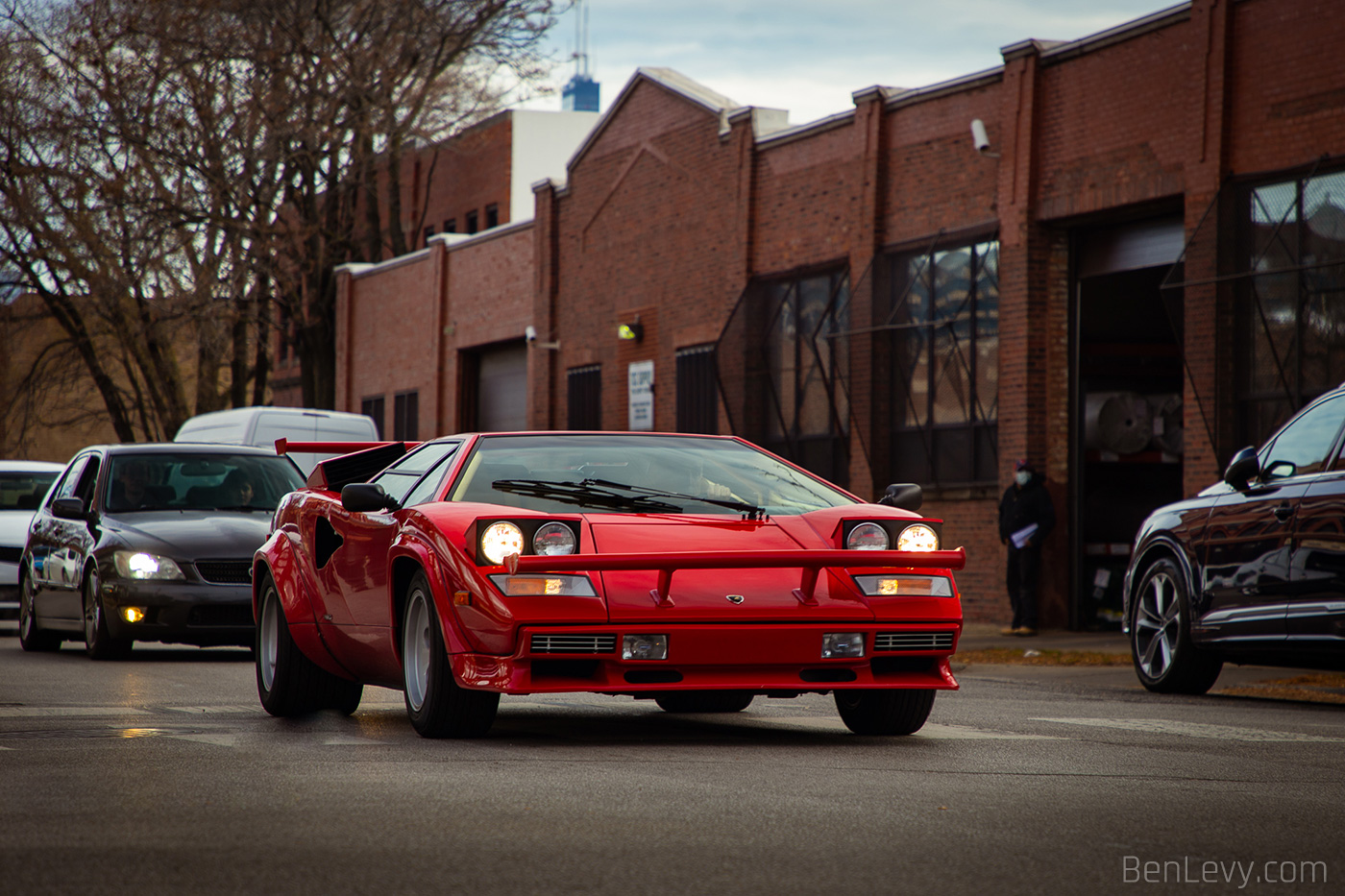 Red Lamborghini Countach with the Popup Headlights Up