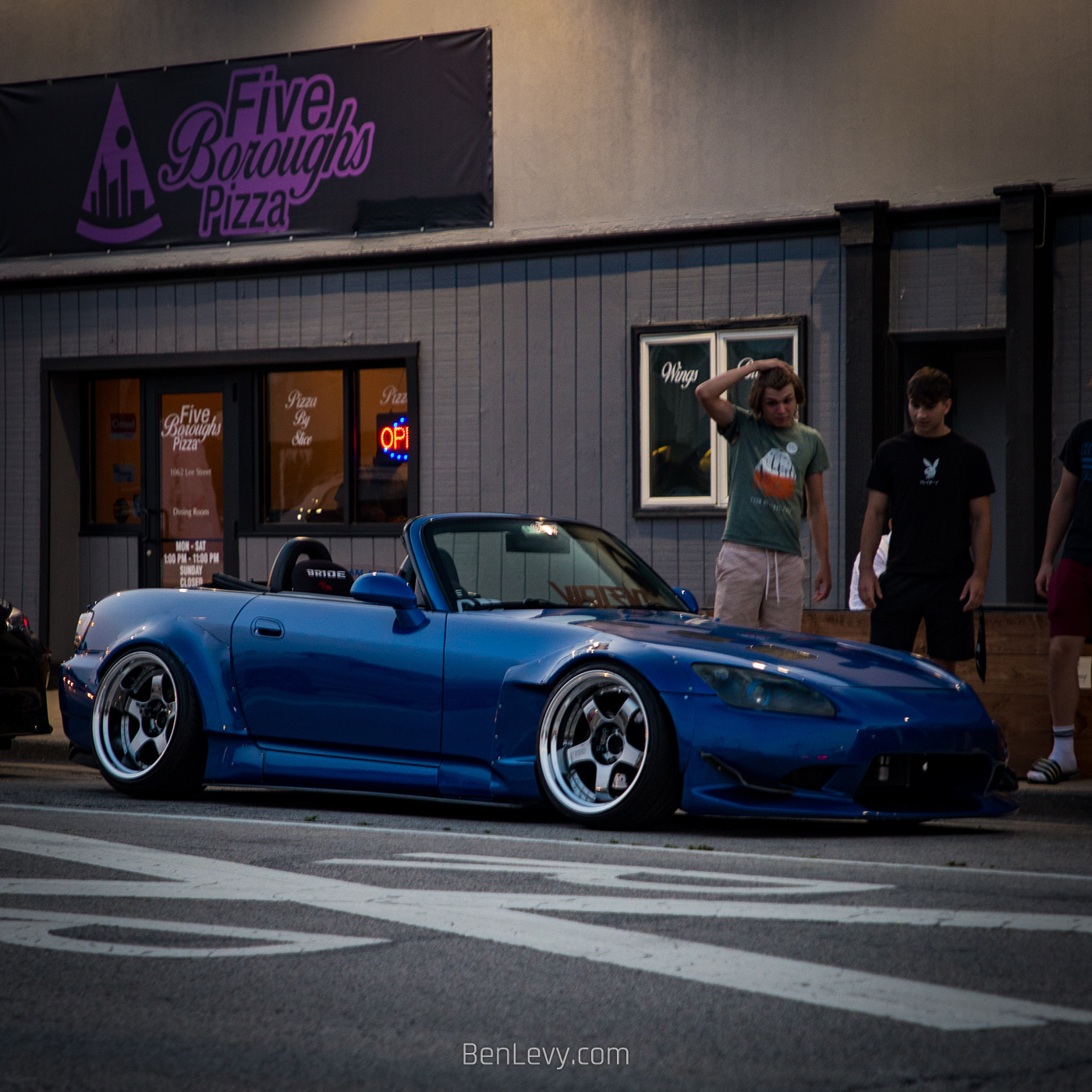 Blue Honda S2000 in front of Sahil Grill & Lounge