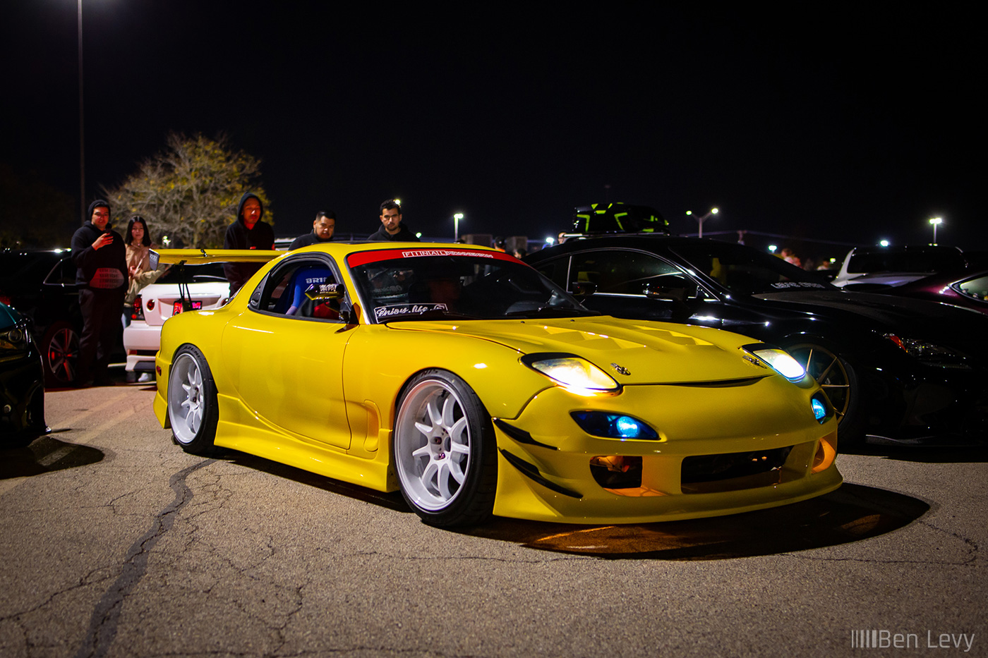Yellow JDM Mazda RX-7 at Tuners and Tacos Meet