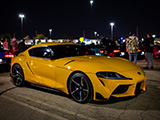 Yellow A90 Toyota Supra at Tuners and Tacos