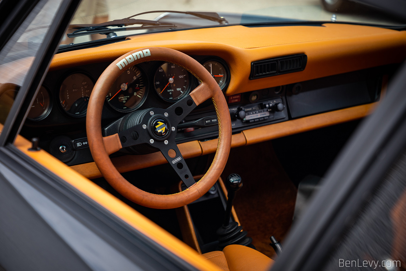 Tan, leather-wrapped MOMO Steering Wheel in Porsche 911