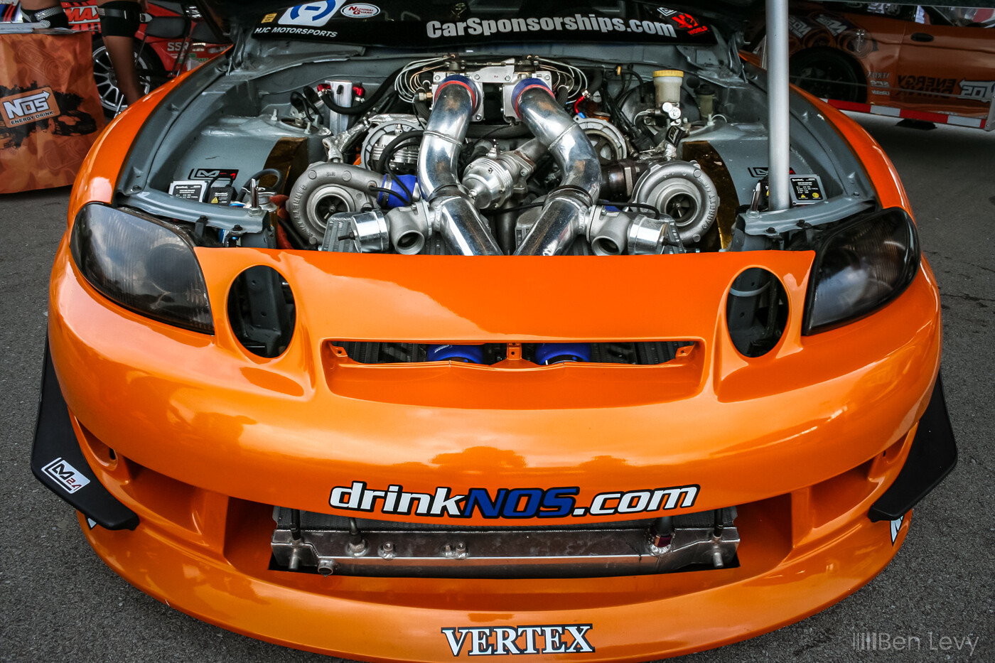 Front of Orange Twin Turbo Lexus SC400, Sponsored by NOS Energy Drink