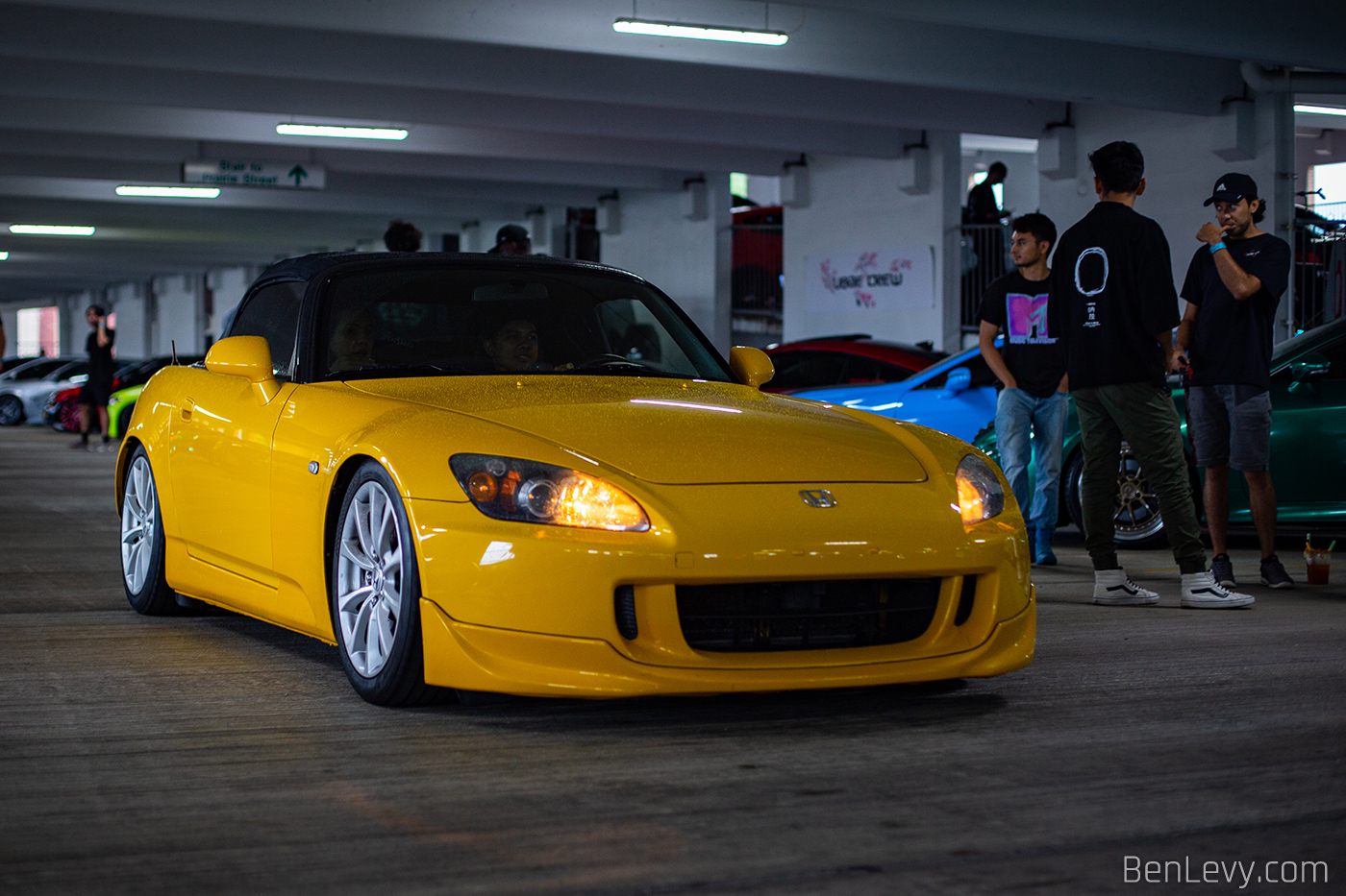 Yellow Honda S2000 in Parking Garage