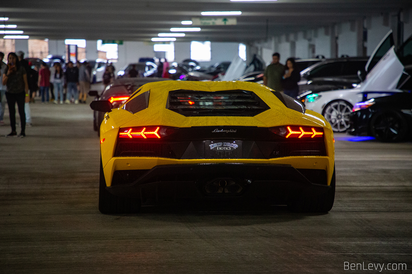 Yellow Lamborghini Aventador at Parking Garage Party - BenLevy.com
