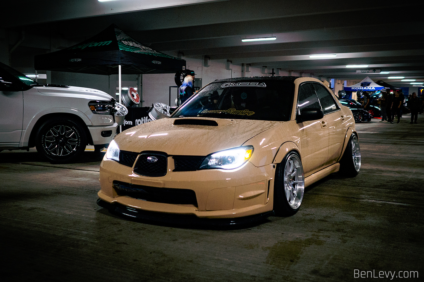 Tan Subaru WRX in Parking Garage