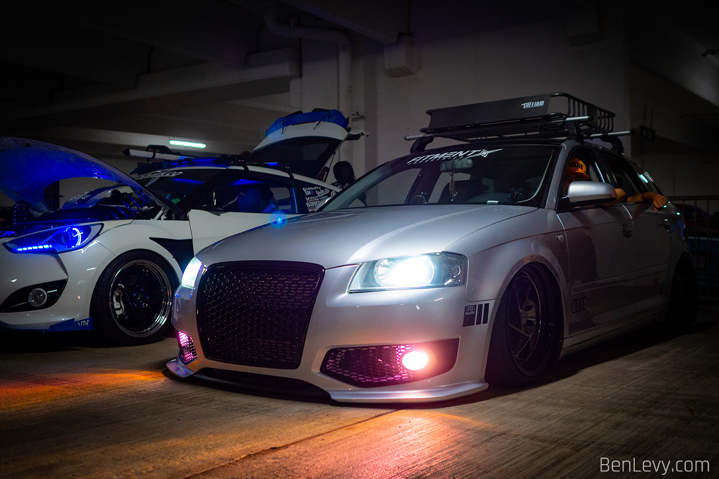 Bagged Silver Audi A3 in Parking Garage