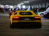Yellow Lamborghini Aventador at Parking Garage Party