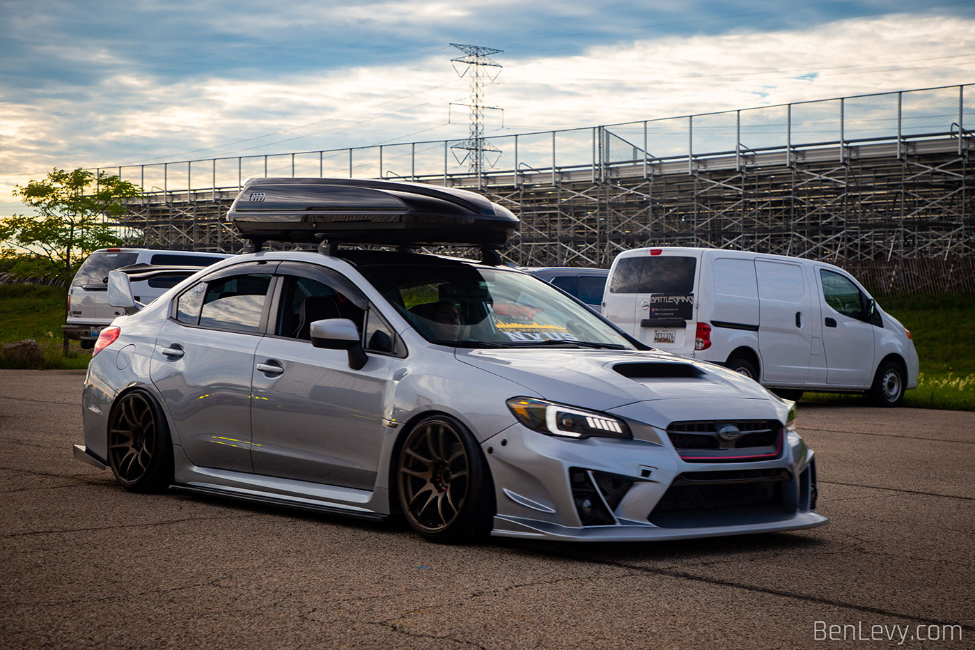 Silver WRX on airbags leaving Slammedenuff Chicago