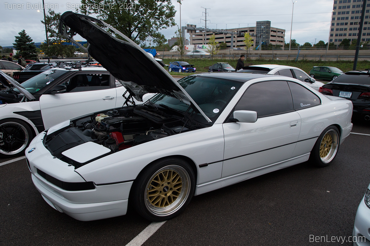 White BMW 840Ci with STR Racing 601 wheels in gold