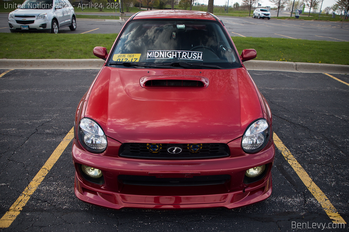 Front of Red Bugeye Subaru WRX with Front Lip