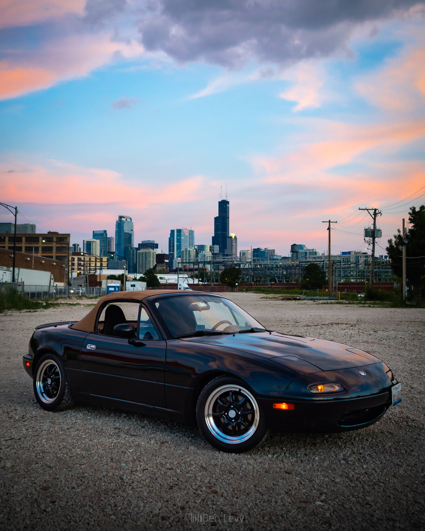 My Black Mazda Miata in front of the Chicago Skyline