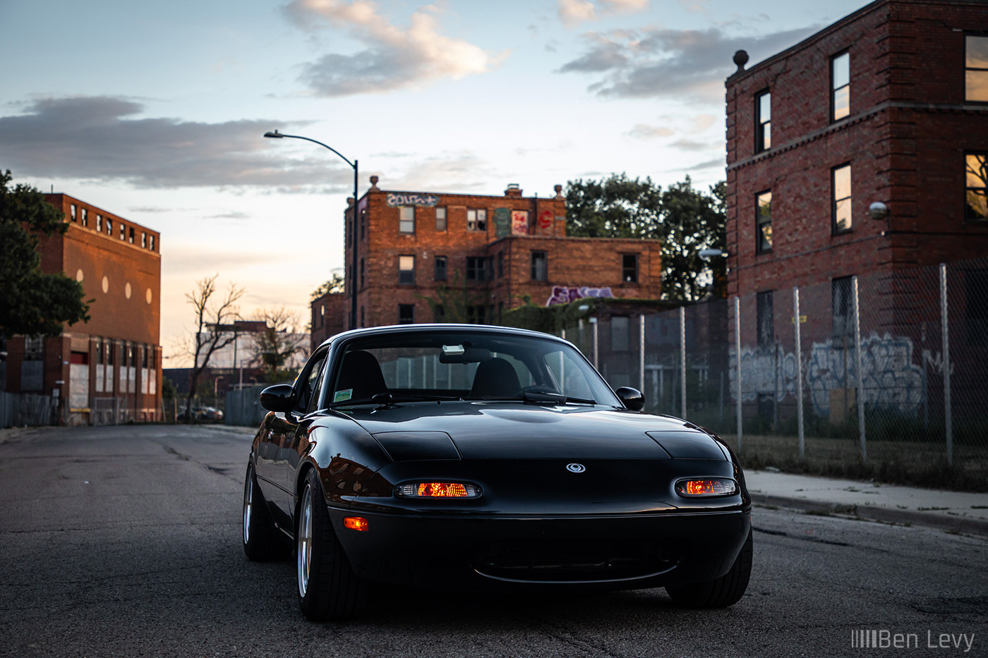 Black Mazda Miata on a Deserted Street in Chicago