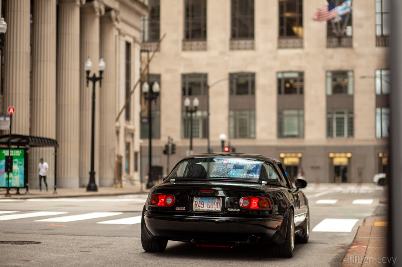 Black Mazda Miata on LaSalle Street in Chicago's Financial District