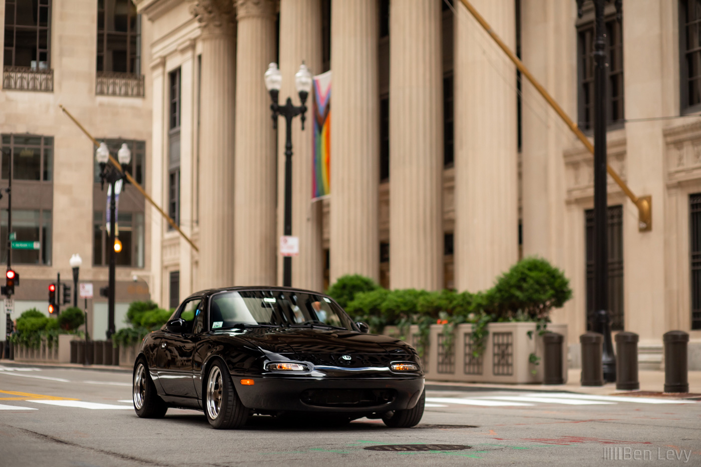 Black Miata with the Federal Reserve Bank of Chicago in the Background