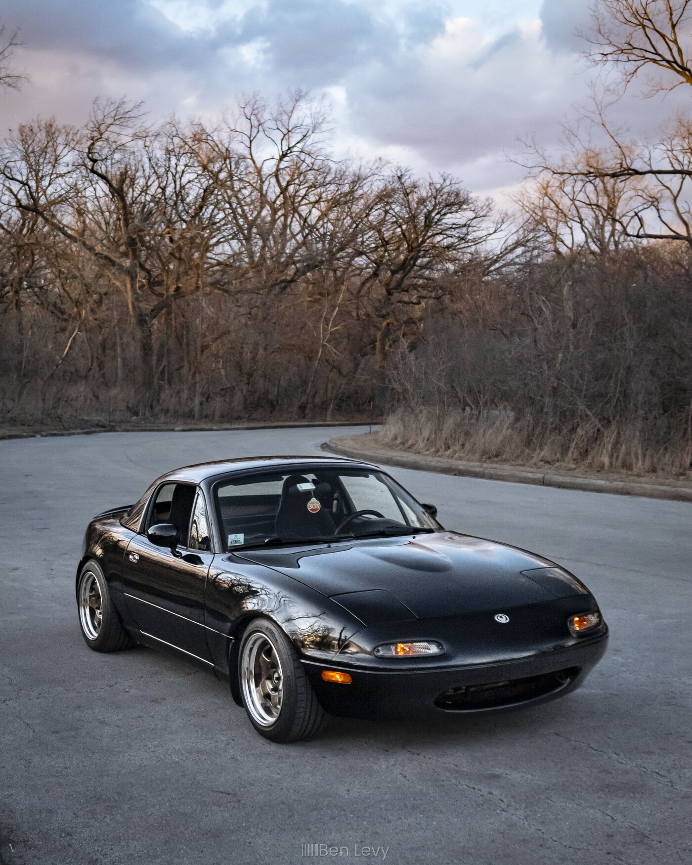 Black Mazda Miata in a Forest Preserve