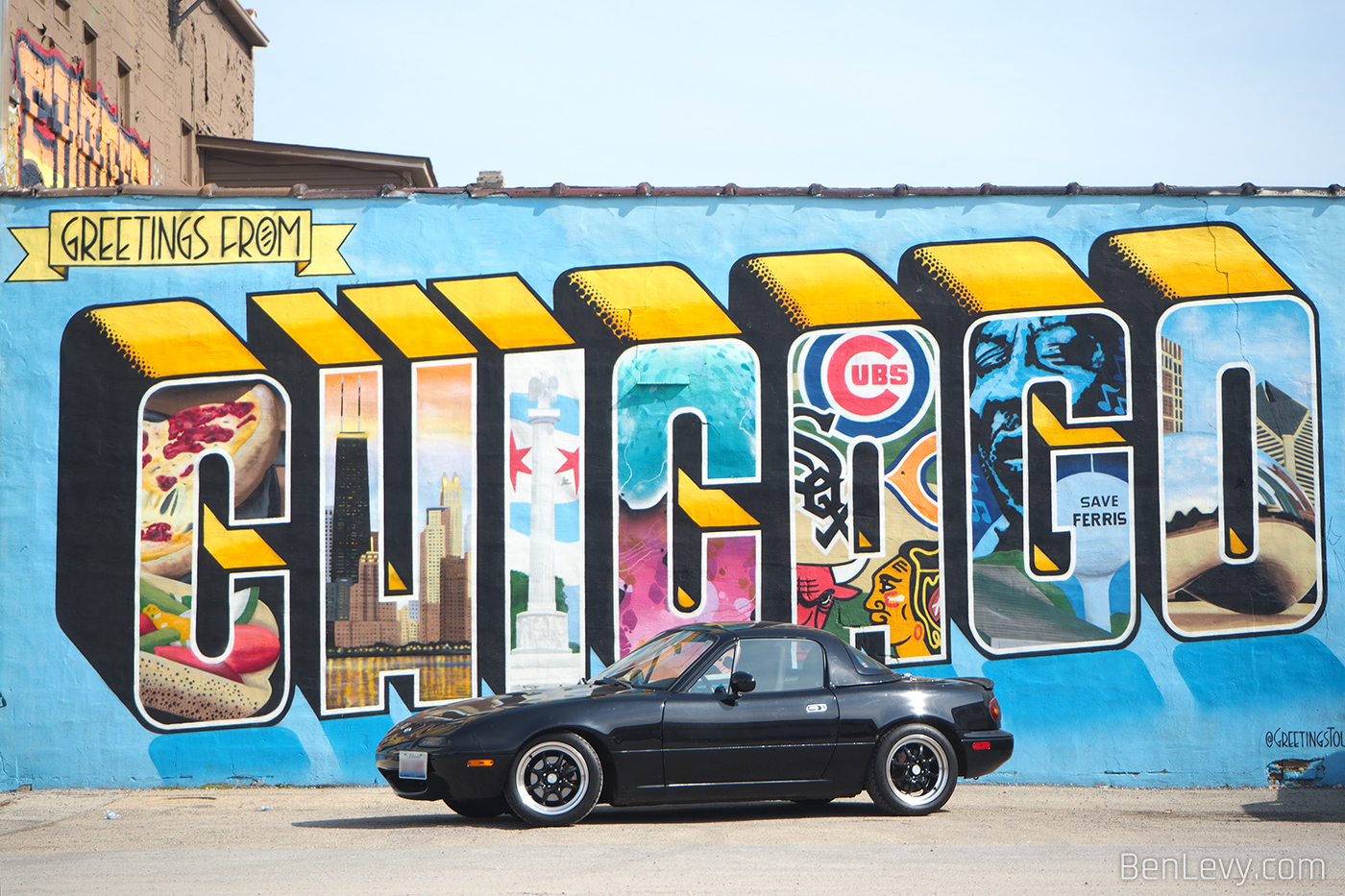 Miata in front of Chicago mural
