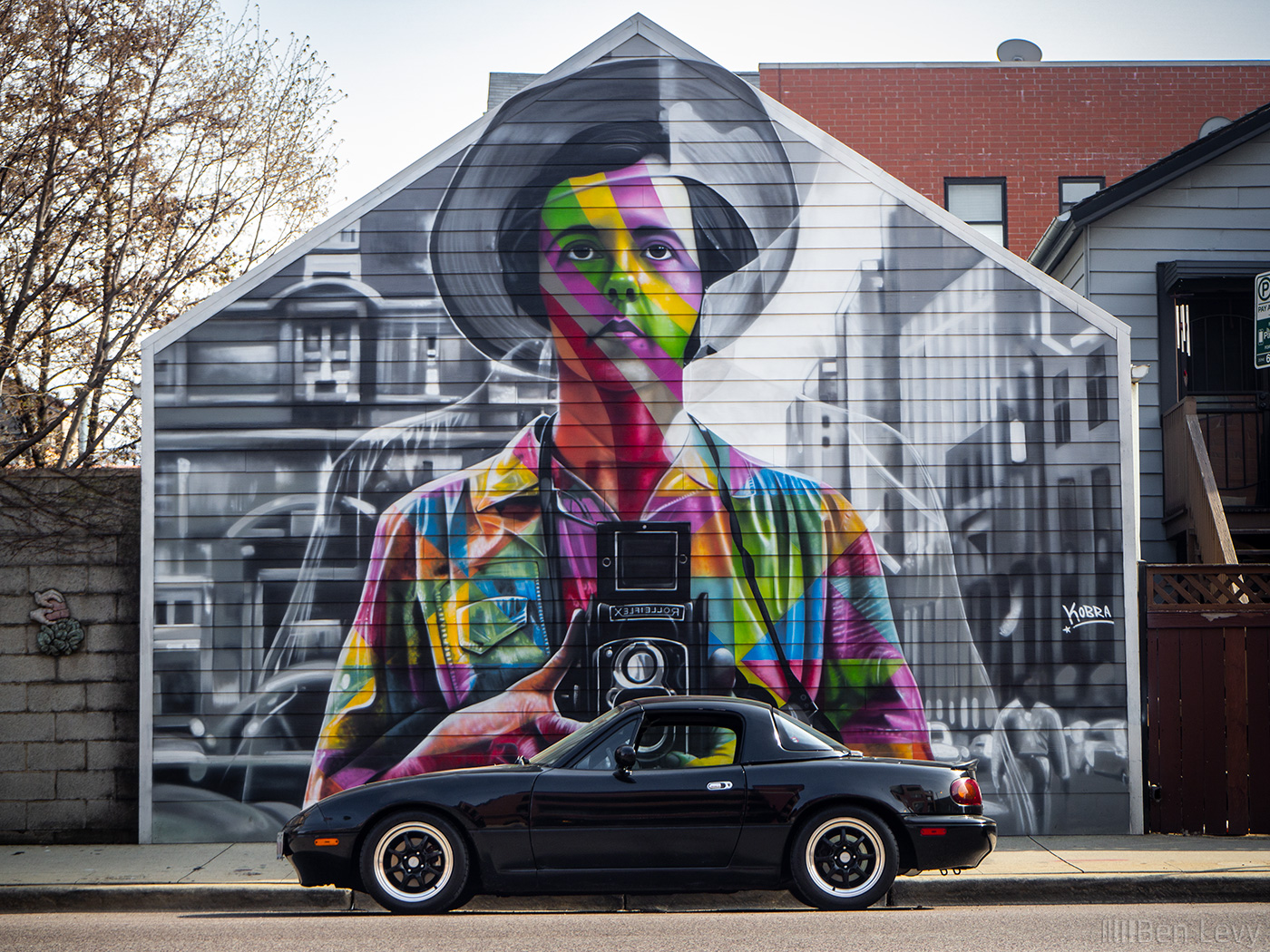 Mazda Miata in front of Vivian Maier Mural in Chicago